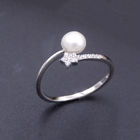 Mirror Polished Silver Pearl Ring 925 Adjustable Band With Little Star Design