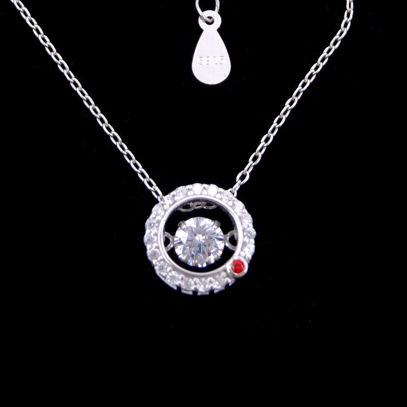 Dancing Pendant Sterling Silver Cubic Zirconia Necklace With Red Point Round Shape