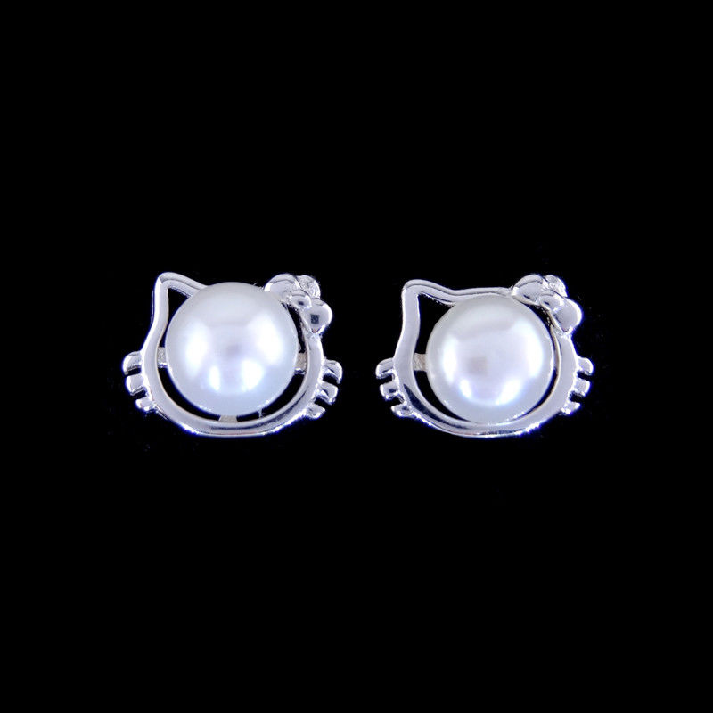 Adorable Cat Shape Children Silver Jewellery With Freshwater Pearl