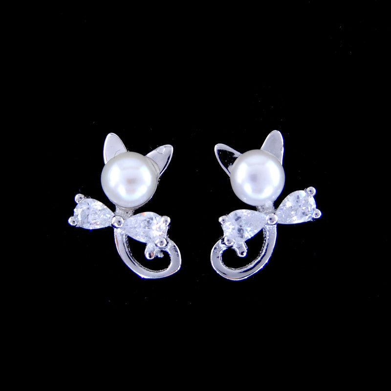 Korean Style Gold Plated Jewellery / Freshwater Pearl Kitty Cat Earrings