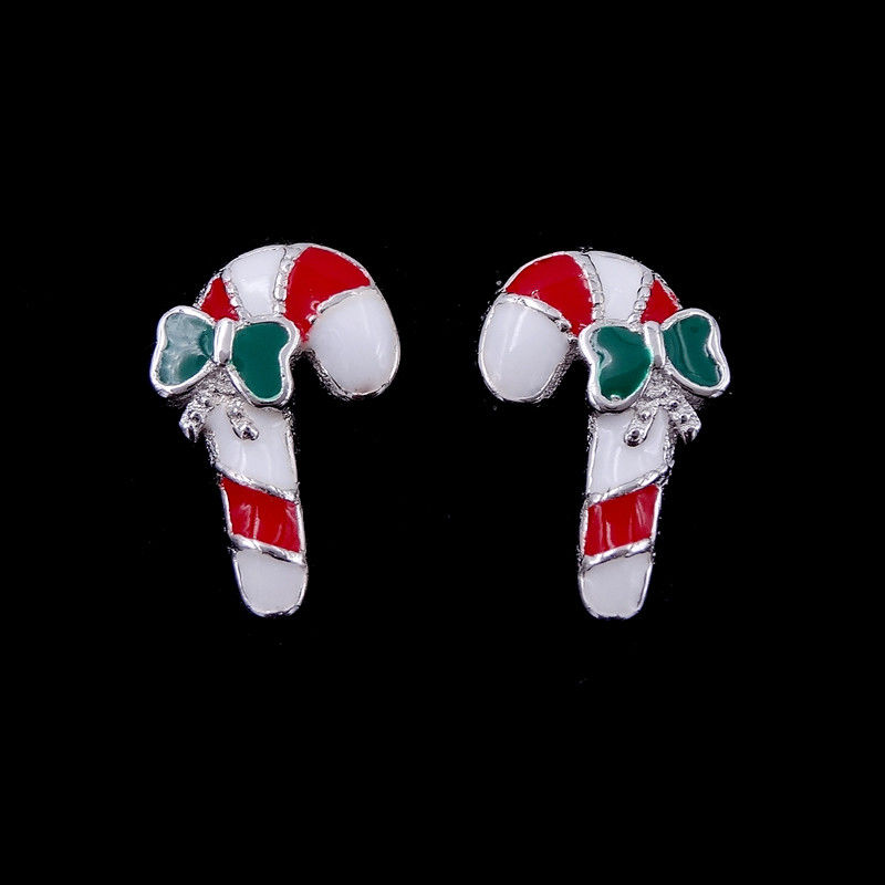 Christmas Model Silver Jewelry Earrings Candy Cane Walking Stick Decoration