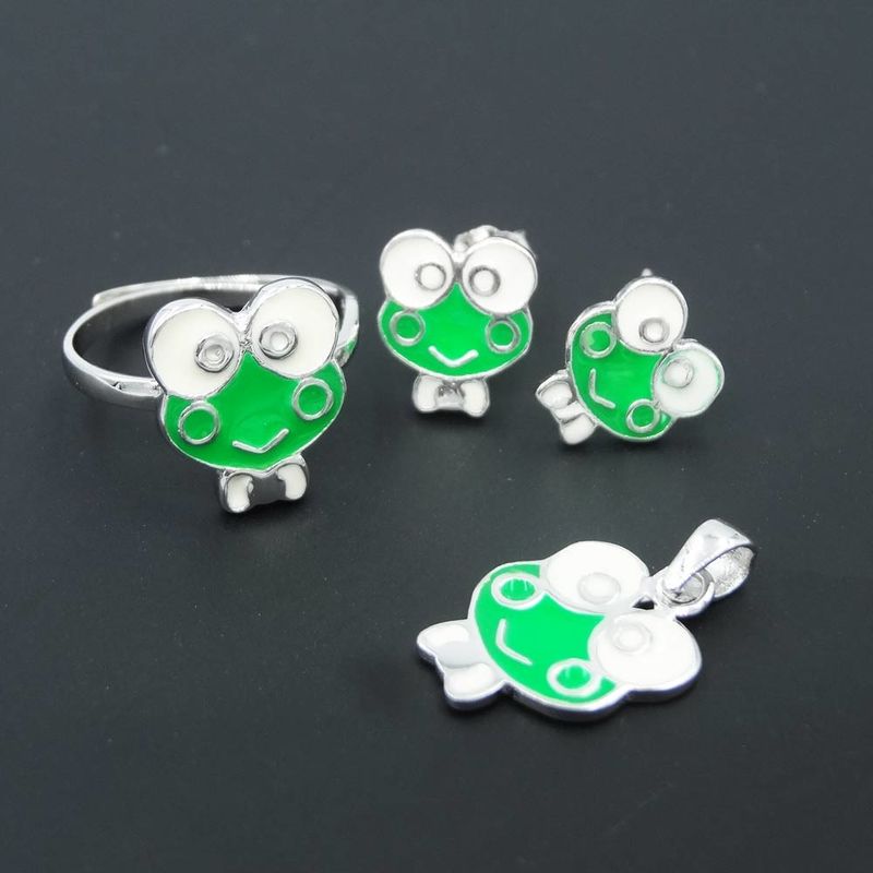 Customized Kids Silver Jewellery , Mirror Polished Animal Green Frog Jewellery