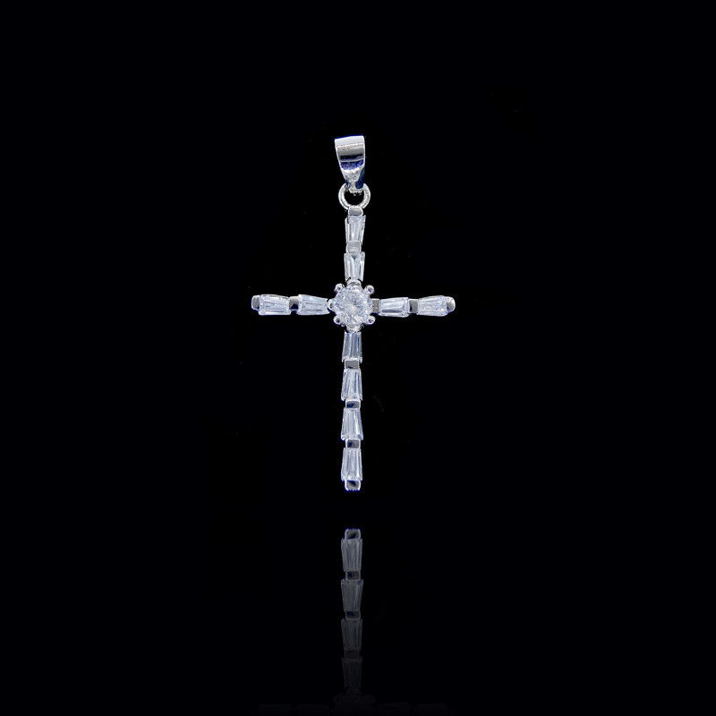 Plated RH S925 Sterling Silver Cubic Zirconia Cross Pendant Simple Style