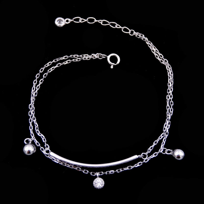 925 Silver Cubic Zirconia Bracelet , Double Chain Bracelet With Ball Charming Item