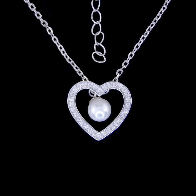 Natural Pearl Drop Necklace Silver / Heart Pendant Necklace With Rhinestone