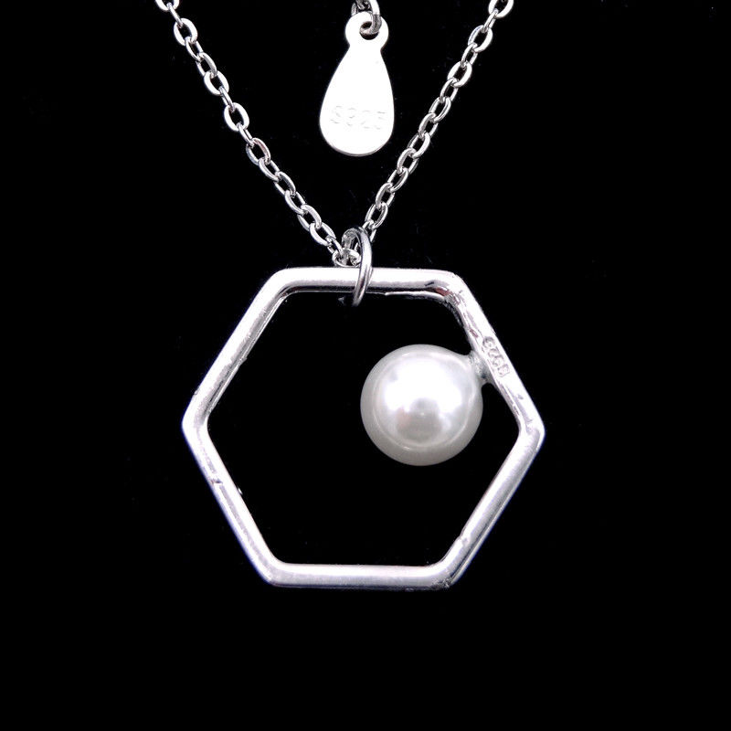 Hexagon Shape Pearl Necklace Jewelry Plating Rhodium Real 925 Silver