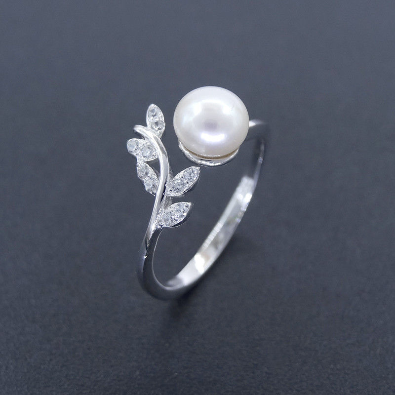 Beautiful Silver Pearl Ring Plant Shape / Personalized Pearl Engagement Rings