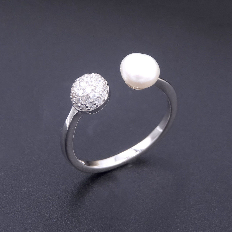 Two Semicircle Silver Pearl Ring / Pure Rhinestone Jewelry White Pearl Ring