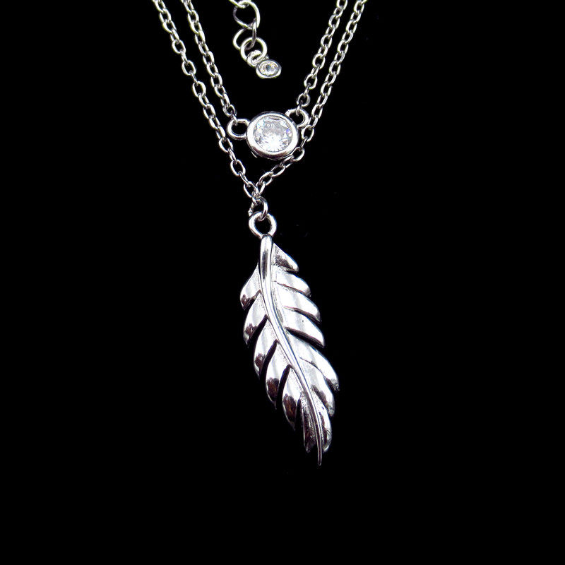 Feather Shape Plumage Style Charm Silver Double Chain Necklace Cubic Zirconia Main Stone