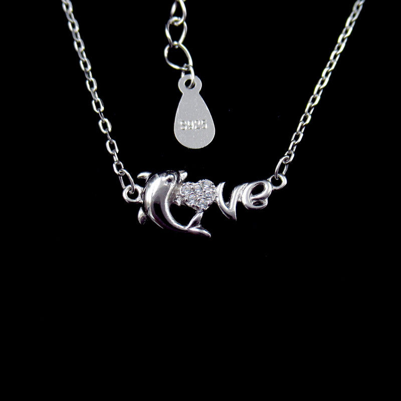 Customized Dolphin Love Shape Ocean Animal Letter Necklace Silver White Gold Plating