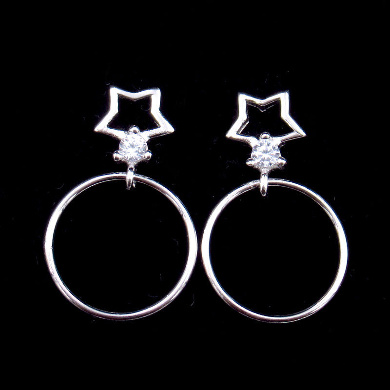 Fashionable 925 Silver Round Drop Earrings With Stars 12 X 20 MM Light Weight