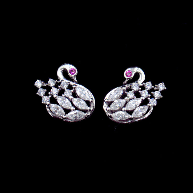 Vivid Swan Earrings In 925 Silver With Ruby Zircon Eyes Beautiful Animal