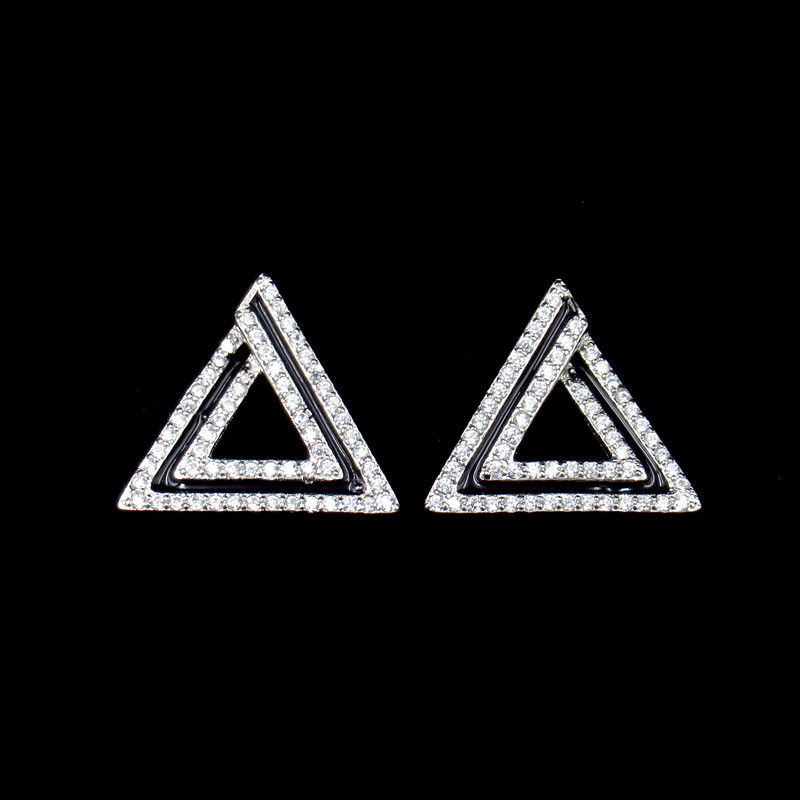White CZ And Black Epoxy Enamel 925 Silver Earrings Triangle Shaped European Style