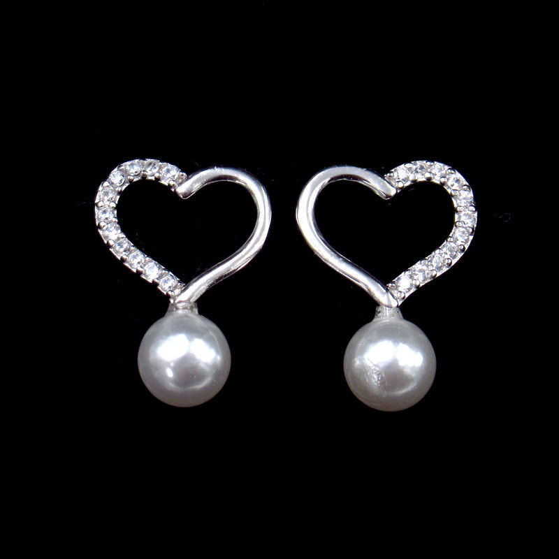 Anniversary 925 Silver Jewelry Earrings White Zircon And Fresh Water Pearl Heart Shape