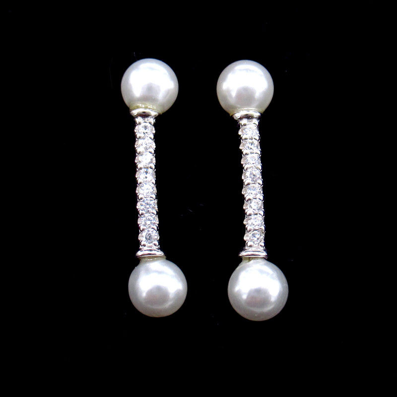 Real Sterling S925 Jewelry Double Natural Pearl And Zircon Stick Shaped