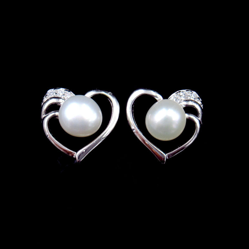 Custom Made 925 Sterling Silver Pearl Earrings Heart Shape White Gold Plated