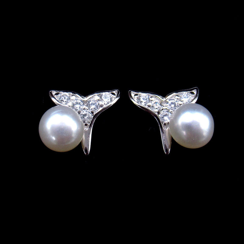 3D Design Fish Tail Symbol Silver Pearl Earrings For Party , Wedding