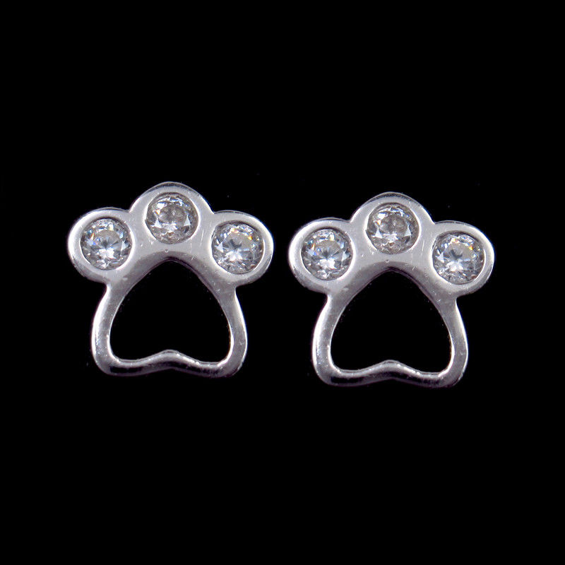 Foot Print Cat Dog Cute Feet Silver Cubic Zirconia Earrings With Cz Stone