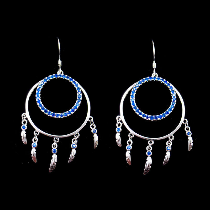 American Indian Style Blue Zircon  Hanging Silver Drop Earrings For Wedding
