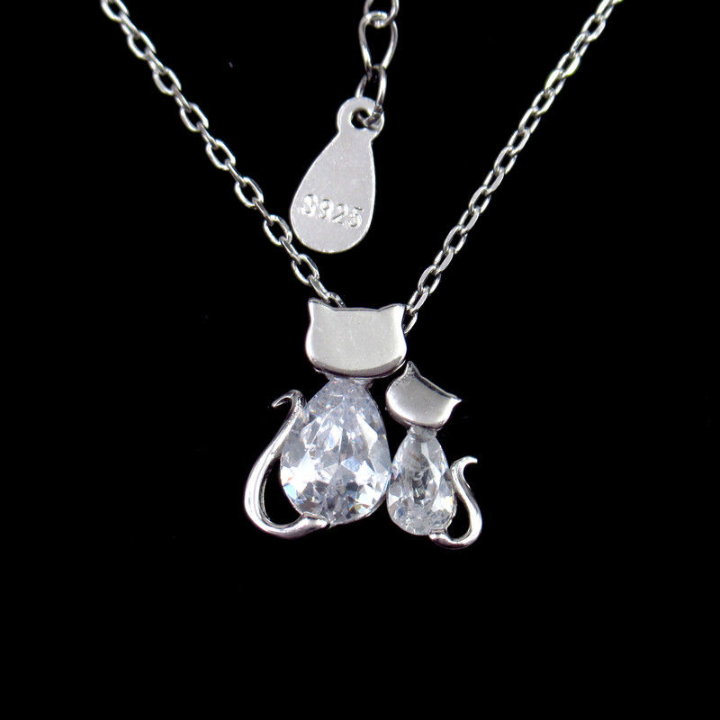 Cute Jewelry Cat Shape Sterling Silver CZ Stone Parent Child Outfit Necklace