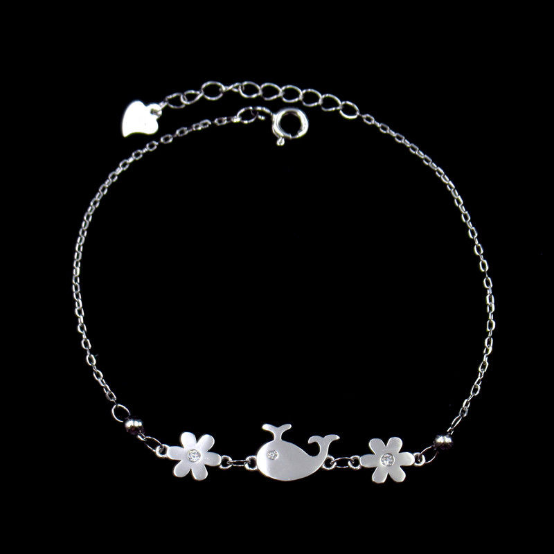 Unique Design Silver Cubic Zirconia Bracelet With Whale And Flower