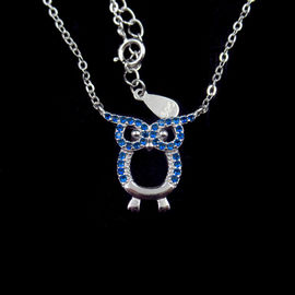 Animal Blue Color Silver Cubic Zirconia Necklace 925 Pure Owl Shape For Child