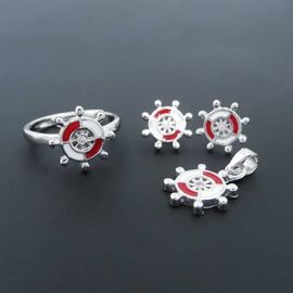 Cute Children Silver Jewellery Plated Rhodium Ship Wheel Helm Rudder Set Jewelry