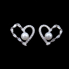 Fashion 925 Silverl Earrings White Zircon With Fresh Water Pearl Heart Shaped