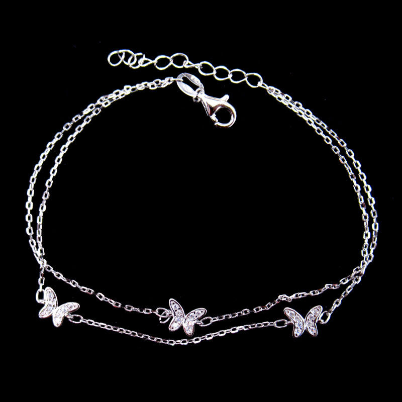 Two Chains Style 925 Silver Cubic Zirconia Bracelet Jewelry With Three Butterflies Items