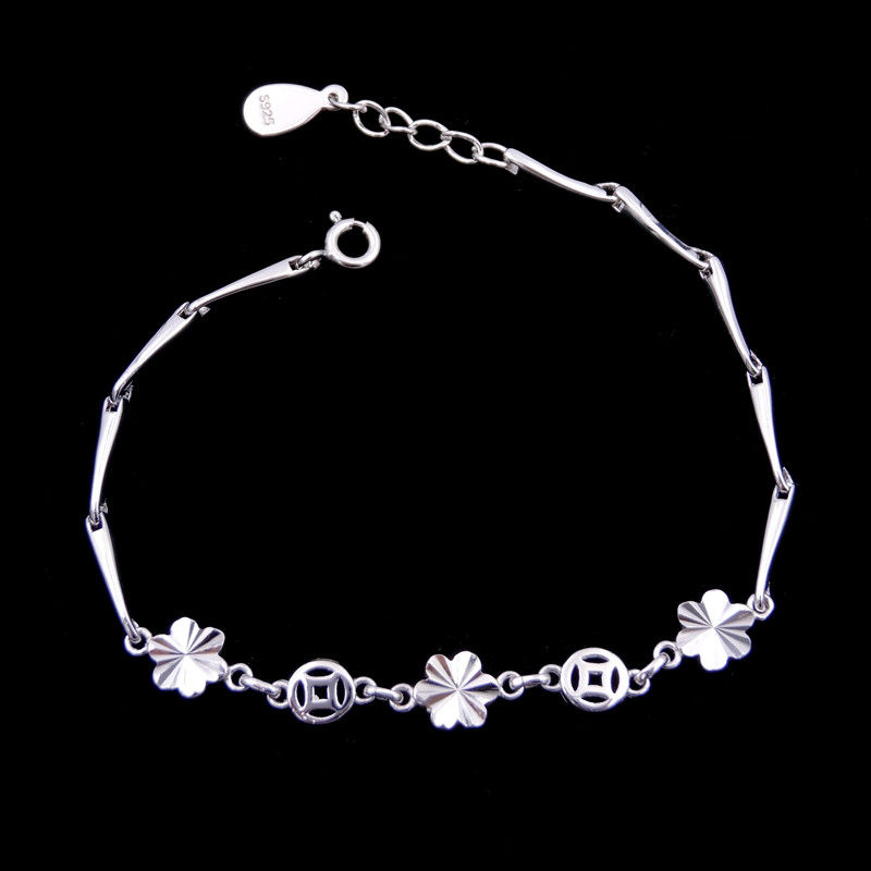 Flowers Design Plain Silver Bracelet Pure 925 Anti Allergic For Gift / Party