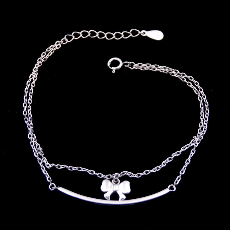 Double Chains Plain Silver Bracelet Bow Rosettle Butterfly 925 Silver