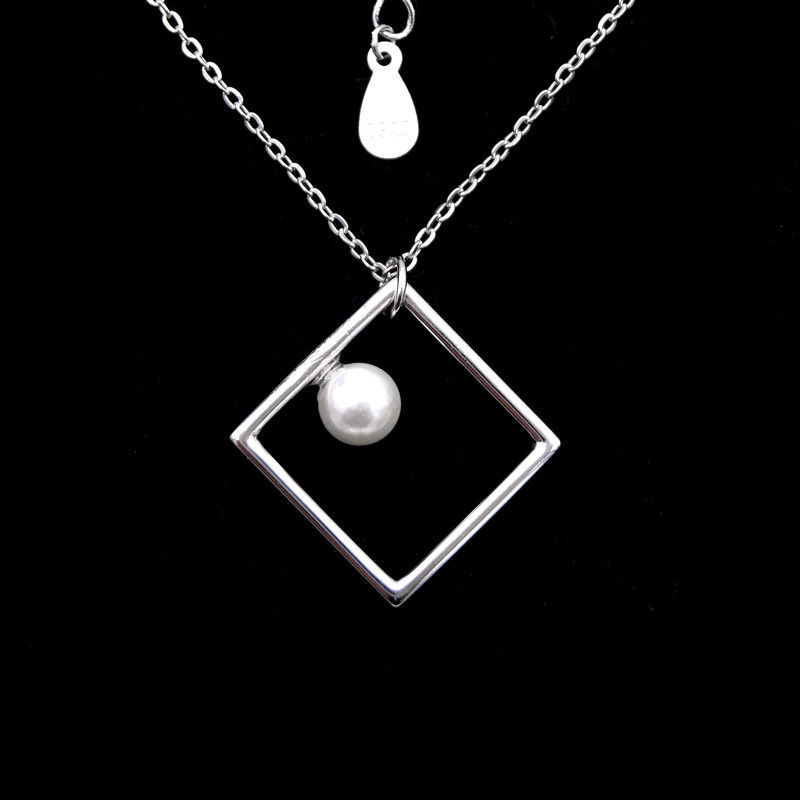 Square Shape Sterling Silver Single Pearl Necklace Blank Simple Platinum Jewellery