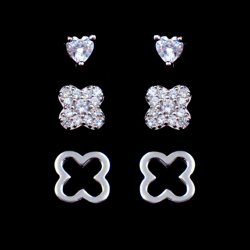 Novelty Flower Four Leaf Clover Earrings Studs 3 In 1 Set 925 Silver Jewelry