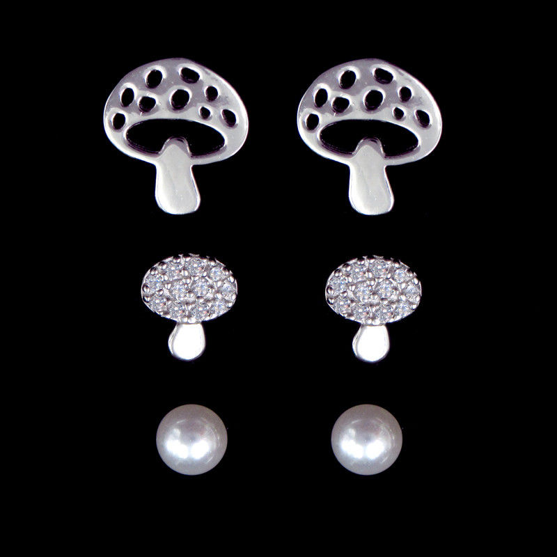 Cute Mushroom Earrings Set 3 In 1 Silver Accessory For Anniversary