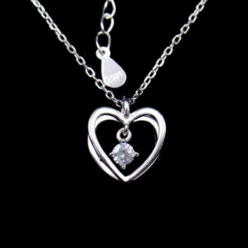 3D Heart Shaped Necklace Cross Chain And Hanging Zircon Shining Stone Sterling Silver