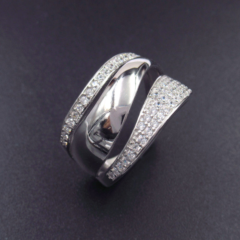 Smooth Water Line Silver Cubic Zirconia Rings For Anniversary / Party
