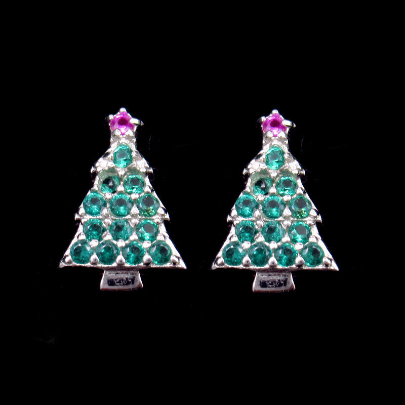 Christmas Holiday Gift 925 Sterling Silver Jewelry / Tree Colot Cz Green And Pink Earrings